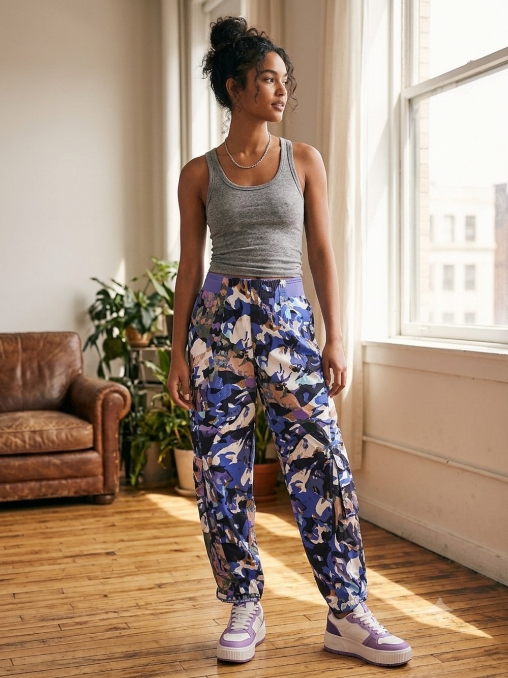 Free People Movement Purple Blue Camo Print Oversized Cargo Pant Large Hiking